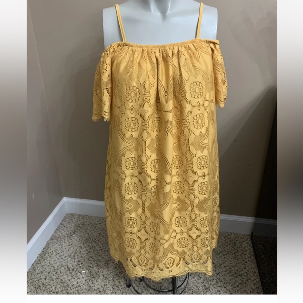 Ultra Flirt Cold Shoulder Mustard Lace Mini Dress L
